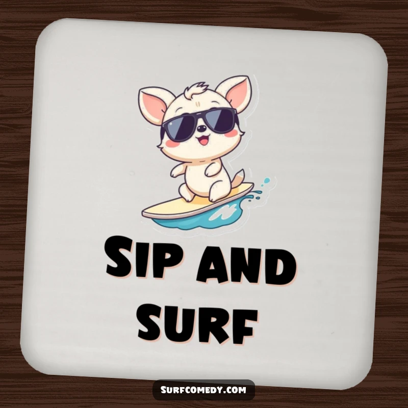 Funny wave rider drink coaster, featuring a giggling animal surfing a small wave, protecting surfaces, a cool funny gift.