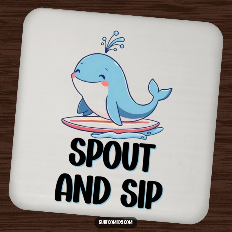 Funny smiling whale character on a surfboard, joyfully spouting water like a fountain, protecting surfaces with seaside humor.