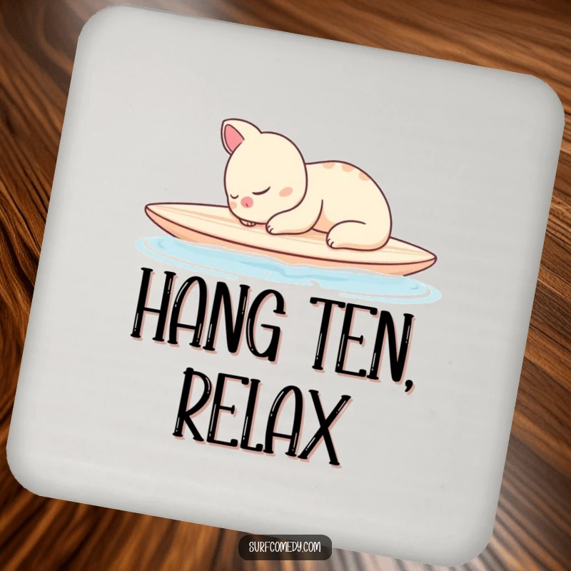 Funny drink coasters showing a sleepy animal character peacefully napping on a surfboard in calm waters, protecting furniture.