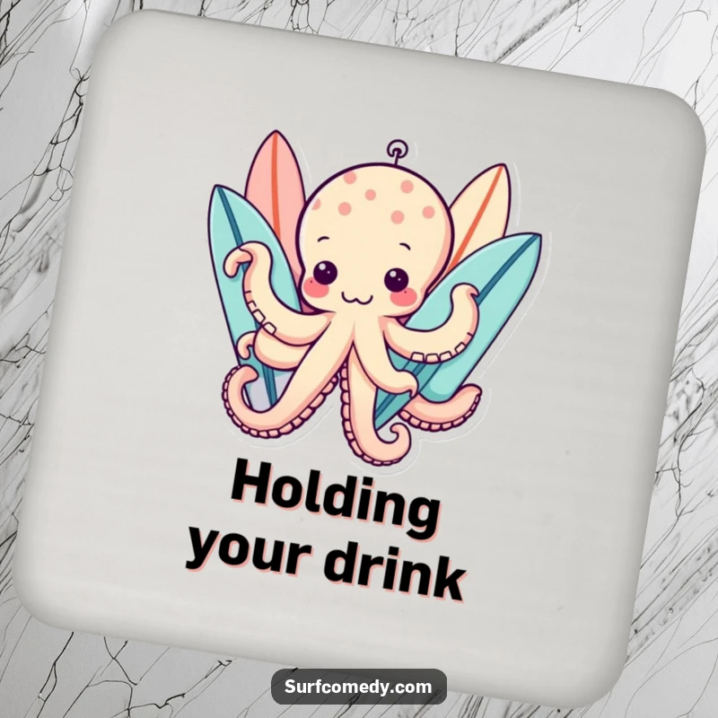 Funny kawaii octopus character holding multiple surfboards with tentacles, stylish funny coasters.