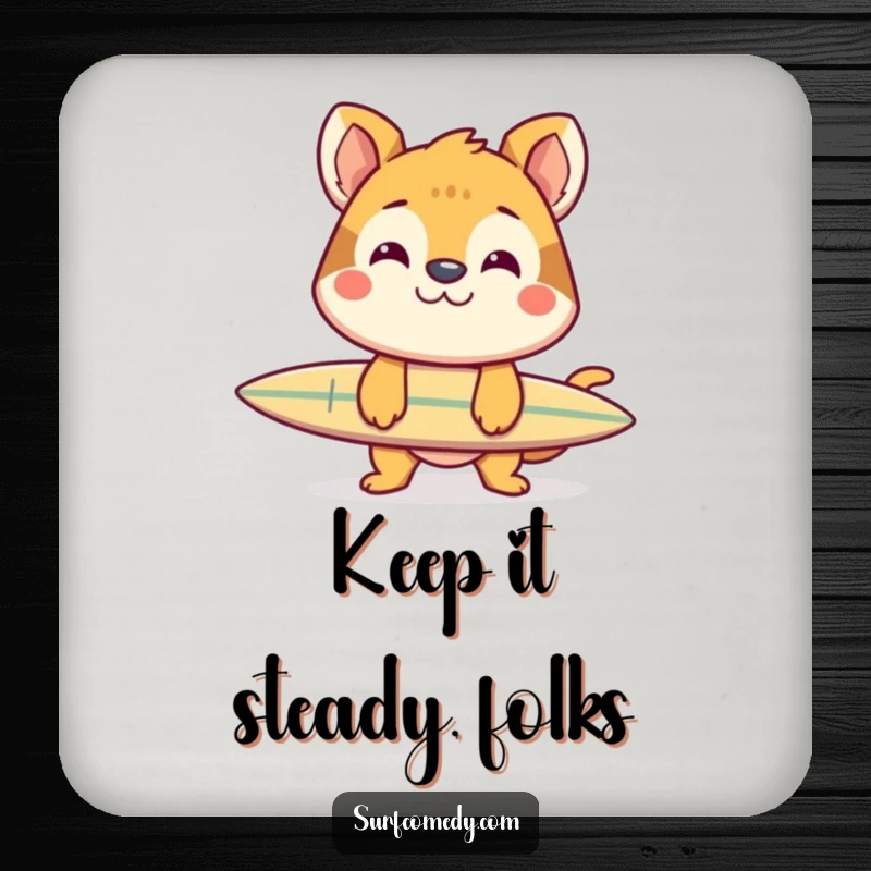 Funny drink coaster with a cheerful animal grinning, balancing a surfboard on its nose, a humorous and functional accessory.