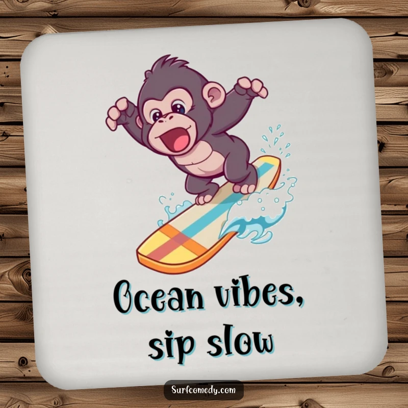 Funny drink coaster featuring a gorilla's splashy dive off a surfboard, protecting surfaces with humor.