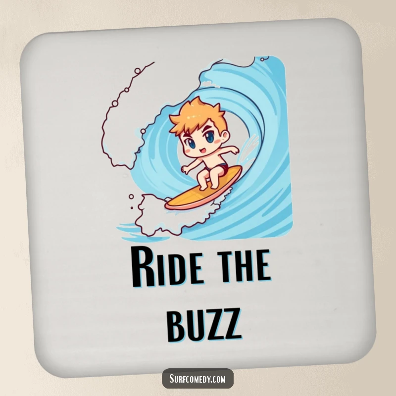 Funny Kawaii character coaster showing determined surfing on a giant wave, a small funny gift.