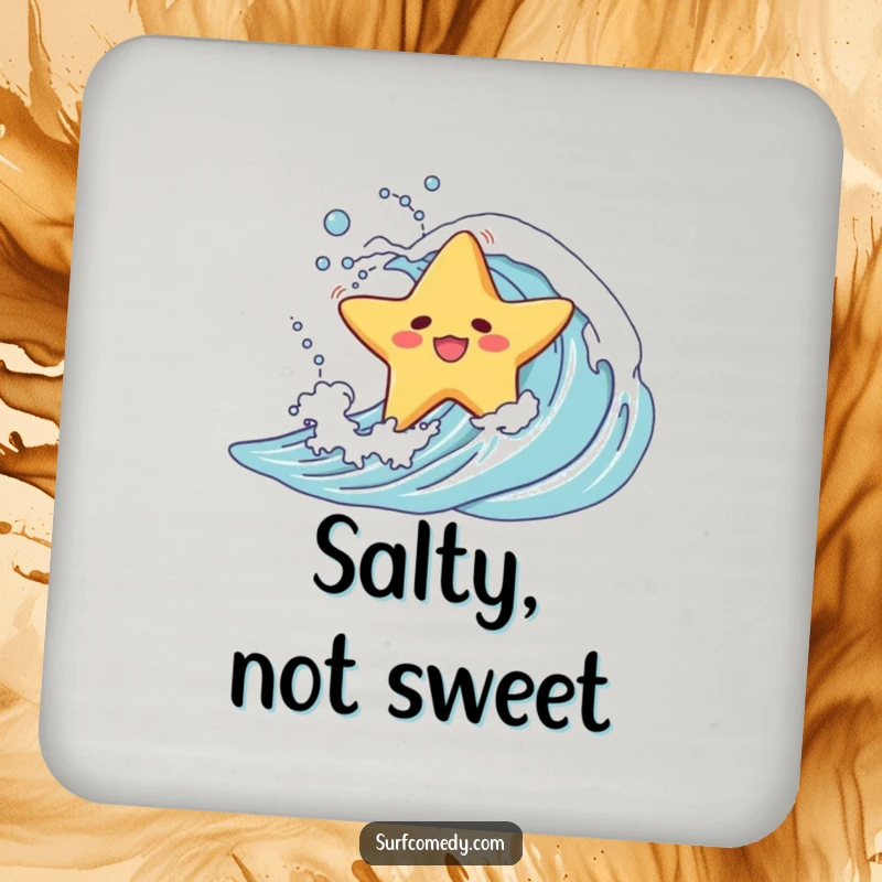 Funny drink coaster set depicting a starfish character in a comical wipeout on a wave, adding humorous beach flair.