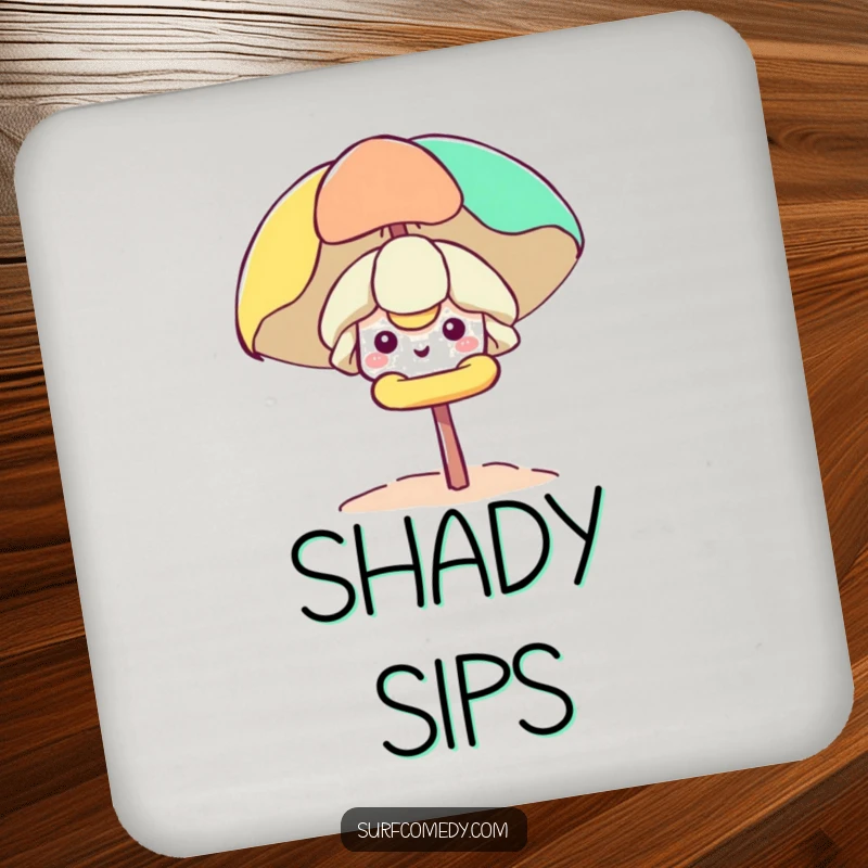 Funny Kawaii character peeking from a beach umbrella on a coaster, bringing subtle humor and protection.