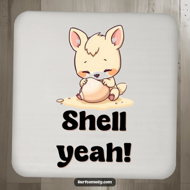 Funny drink coasters showcasing a curious animal character inspecting a seashell on the beach, protecting furniture with style.