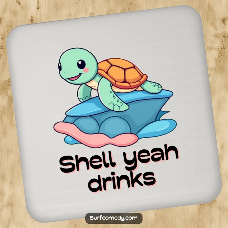 Funny drink coasters with a cheerful sea turtle surfing on a colorful shell, providing a humorous and practical way to protect furniture.