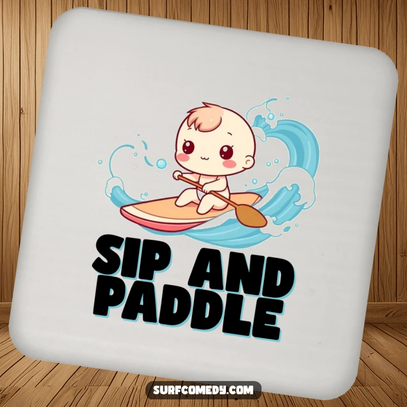 Funny Kawaii character coaster showing playful paddling through stylized ocean waves, a small funny gift.
