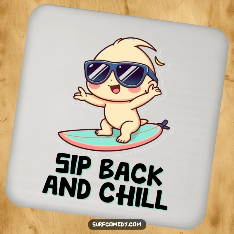 Funny Kawaii coaster featuring a cool sunglasses-wearing character on a surfboard, offering stylish protection for drinks.