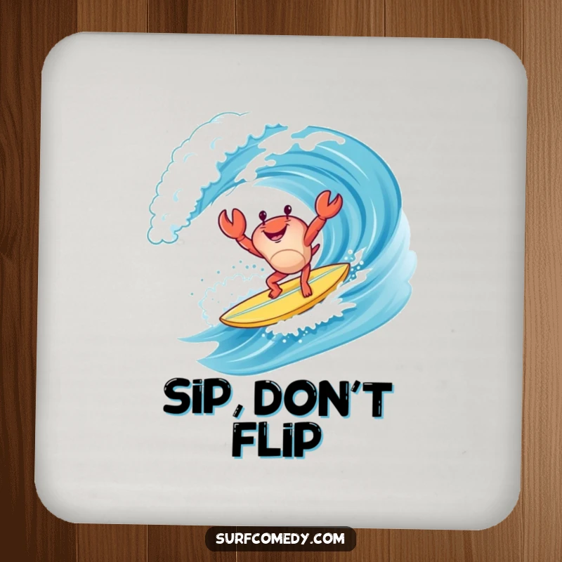 Funny happy crab character doing a handstand on a surfboard while riding a wave, protecting surfaces with beachy humor.