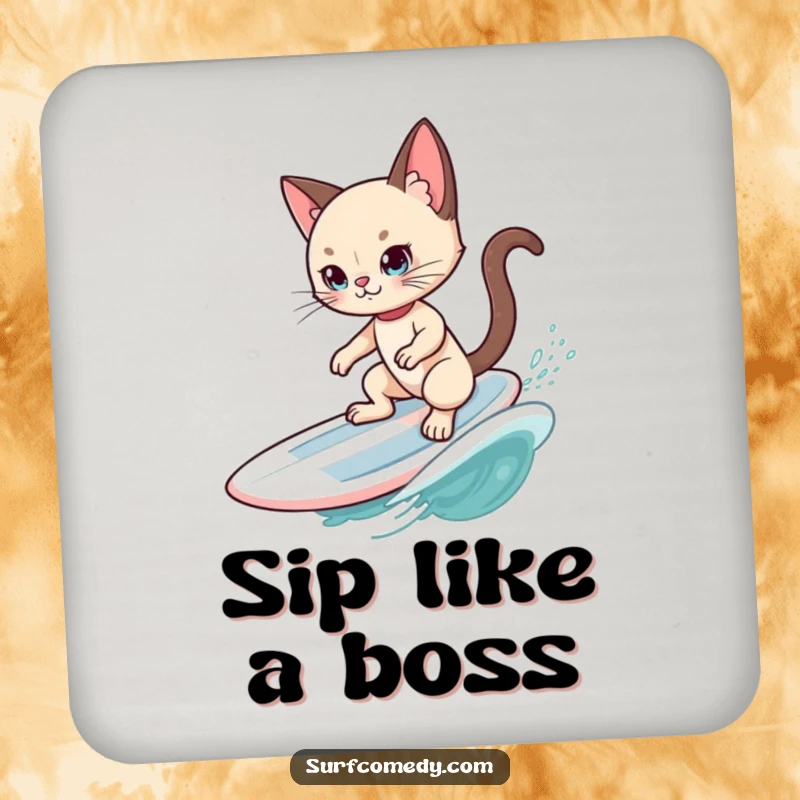 Funny Siamese Cat Surfer Coaster: A cool Siamese cat poses on a surfboard, adding refined humor to drink coasters.