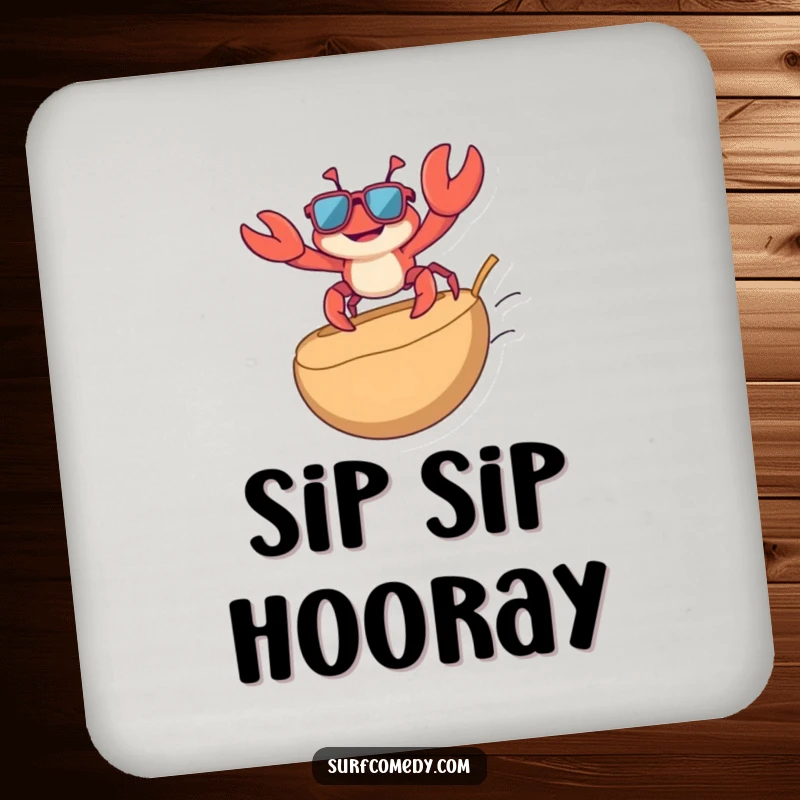 Funny drink coasters with a playful crab in sunglasses surfing on a coconut, providing a humorous and practical way to protect furniture.