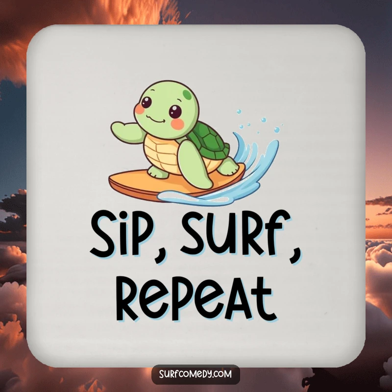 Funny coasters featuring a cute kawaii sea turtle character surfing a gentle wave, adding beachy vibes and surface protection.