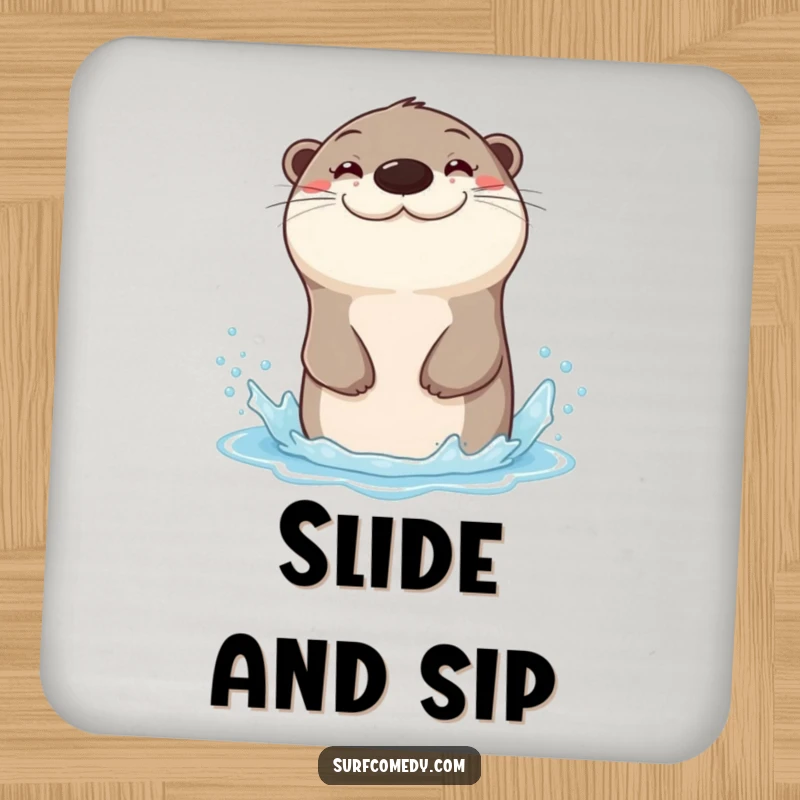 Funny drink coaster with a sea otter with a wide grin, sliding down a water spray, protecting furniture.