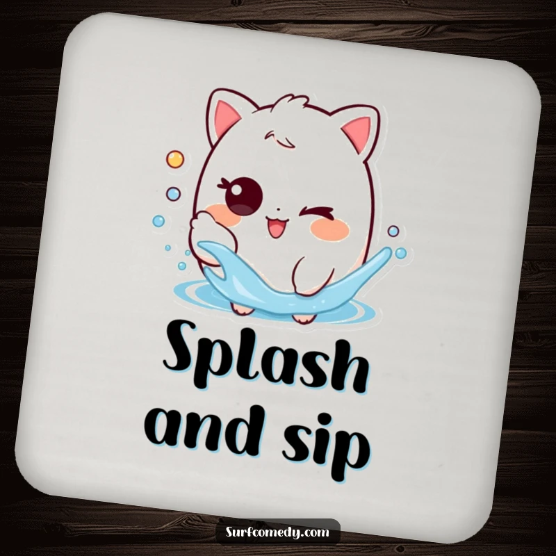Funny drink coaster featuring a playful character with a mischievous wink, splashing water, ideal for protecting tables with humor.