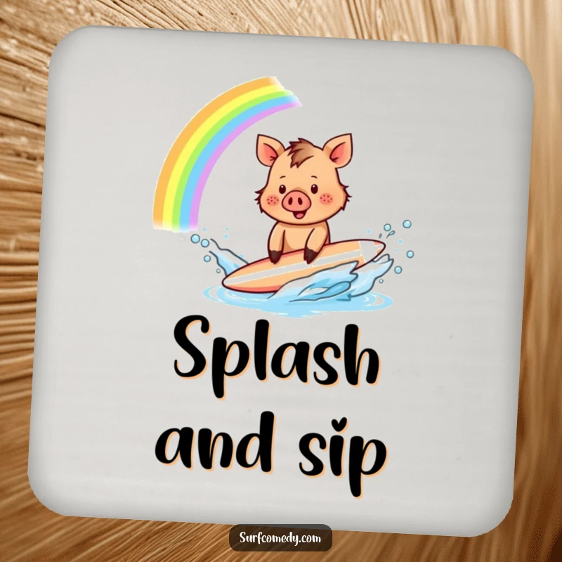 Funny Boar Surfer Coaster: A tiny boar creates a rainbow splash, adding whimsical humor to drink coasters.