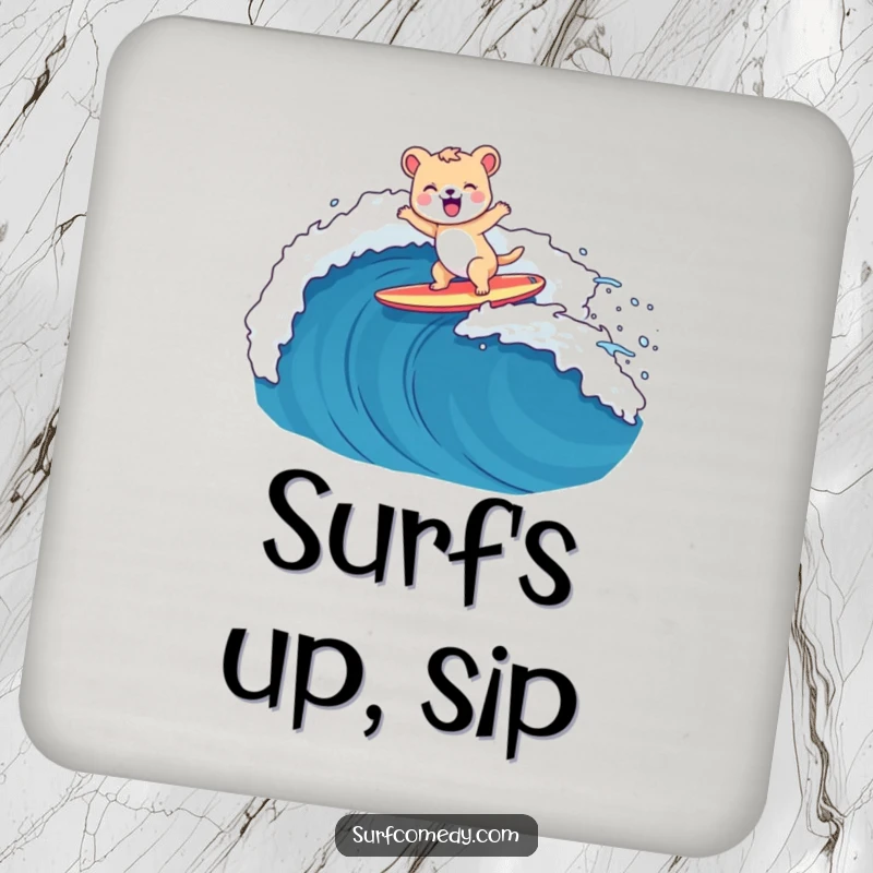 Funny animal character surfing a large wave on a surfboard on protective drink coasters, set of [X].