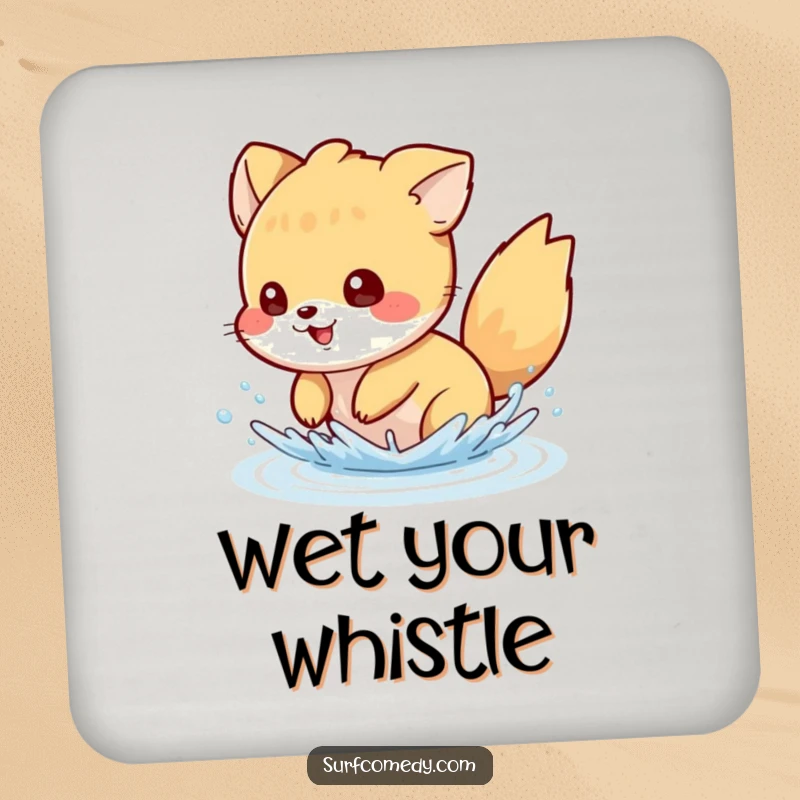 Funny drink coasters showing a mischievous animal character playfully splashing water with its tail, protecting surfaces with humor.