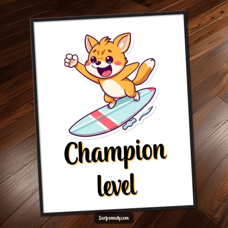 Funny triumphant surfer poster, featuring a determined animal leaping from a surfboard in a victory pose, inspiring achievement, a great funny gift.