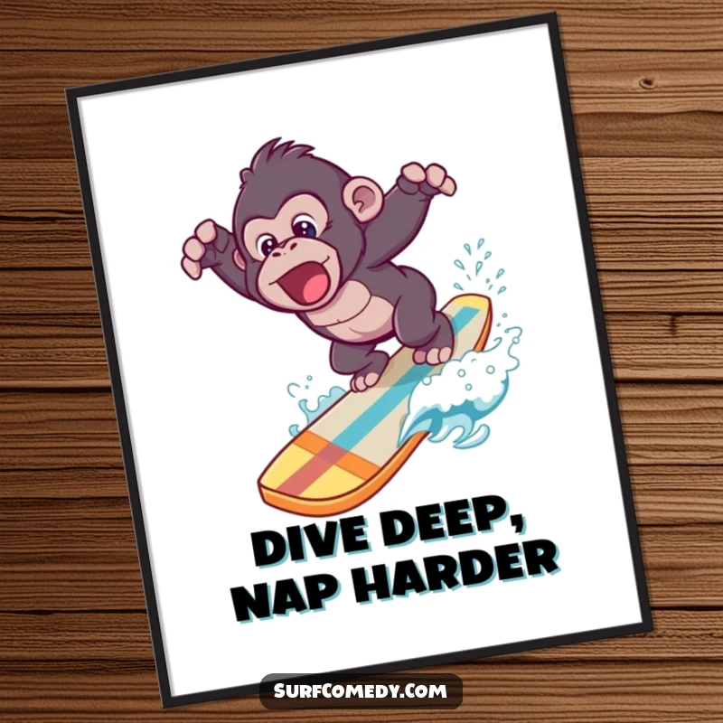 Funny poster of a gorilla joyfully diving off a surfboard into a beautiful blue ocean, bringing seaside fun indoors.