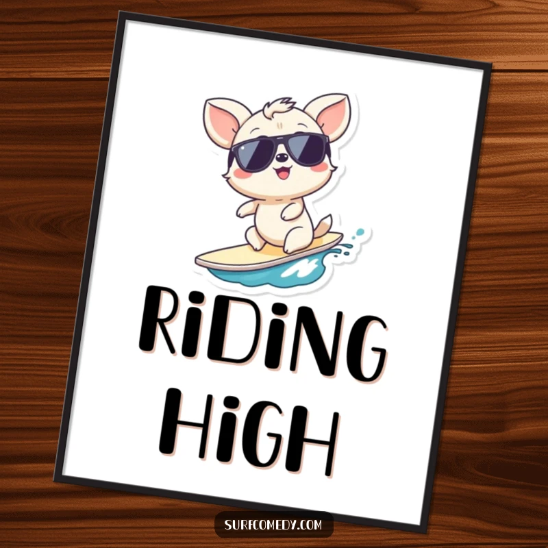 Funny giggling wave poster, showcasing a happy animal in sunglasses on a small wave, pure joy, a cheerful funny gift.