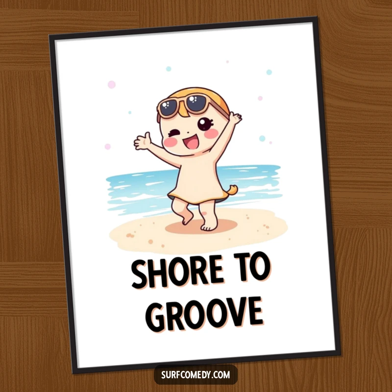 Funny Kawaii character caught mid-silly dance on a sandy beach, creating joyful and humorous wall art.