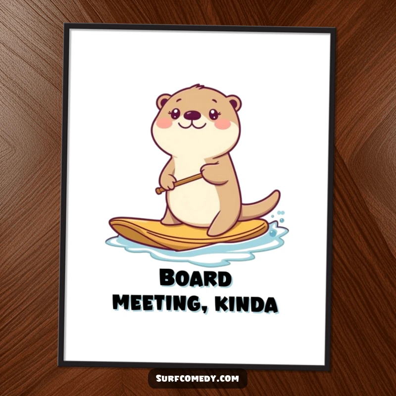 Funny kawaii sea otter character paddling a board with all its might, a heartwarming and humorous depiction.