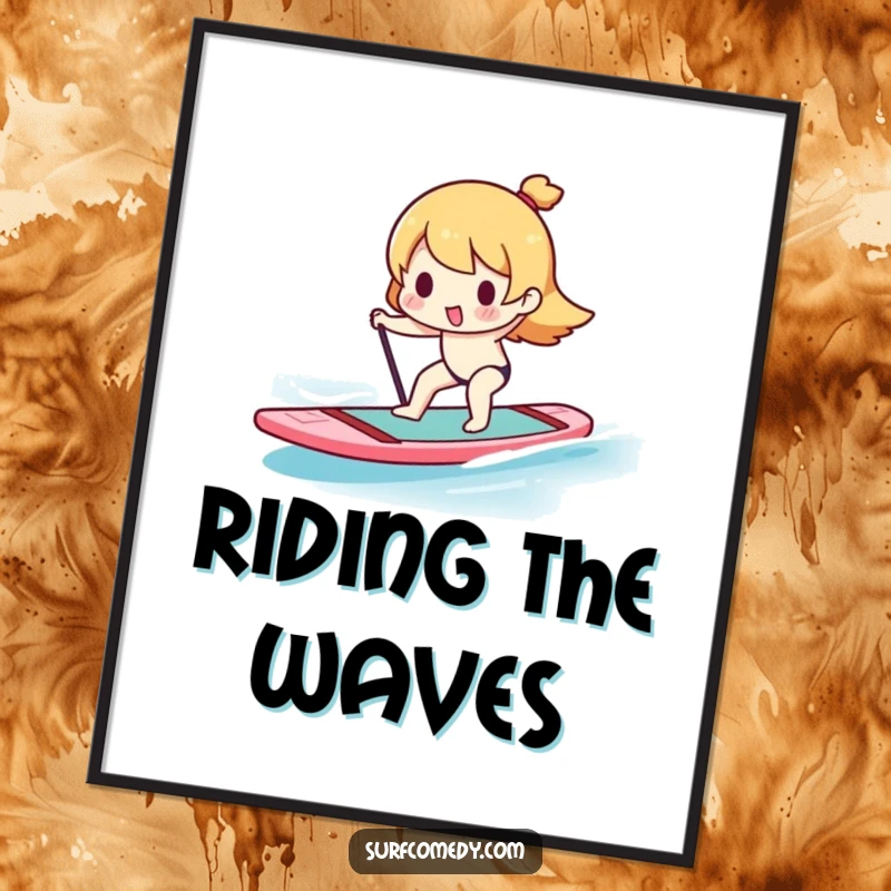 Funny Kawaii character wobbling while paddleboarding, creating joyful and humorous wall art.