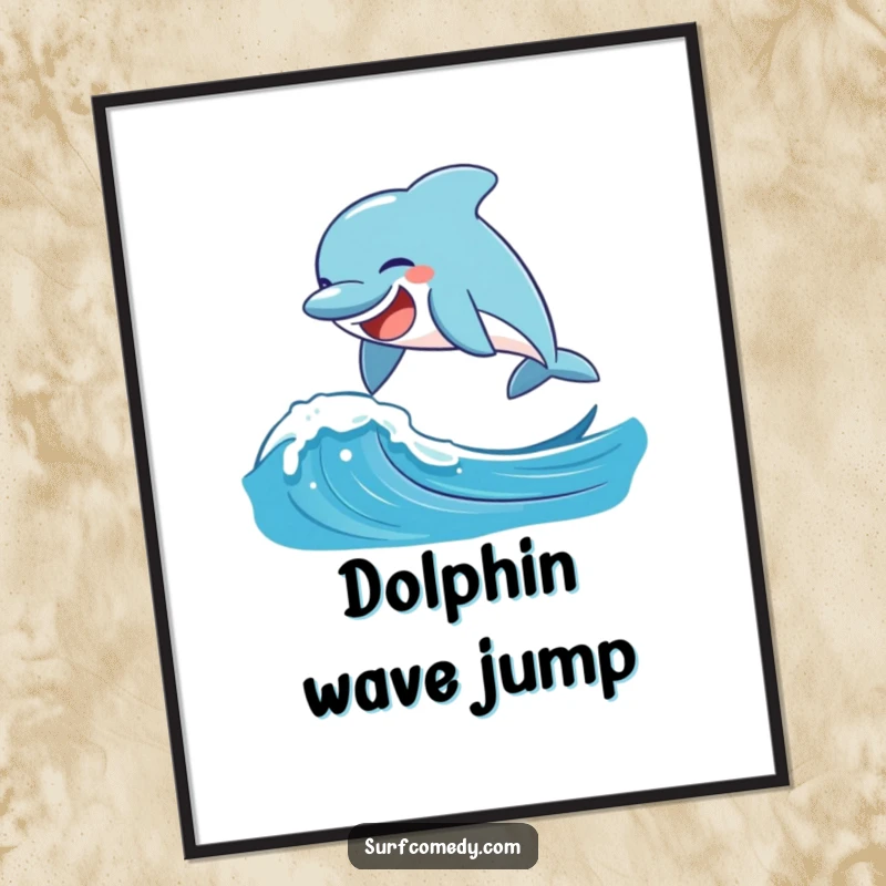 Funny laughing dolphin joyfully leaping over a splashing ocean wave, presented as vibrant wall art.