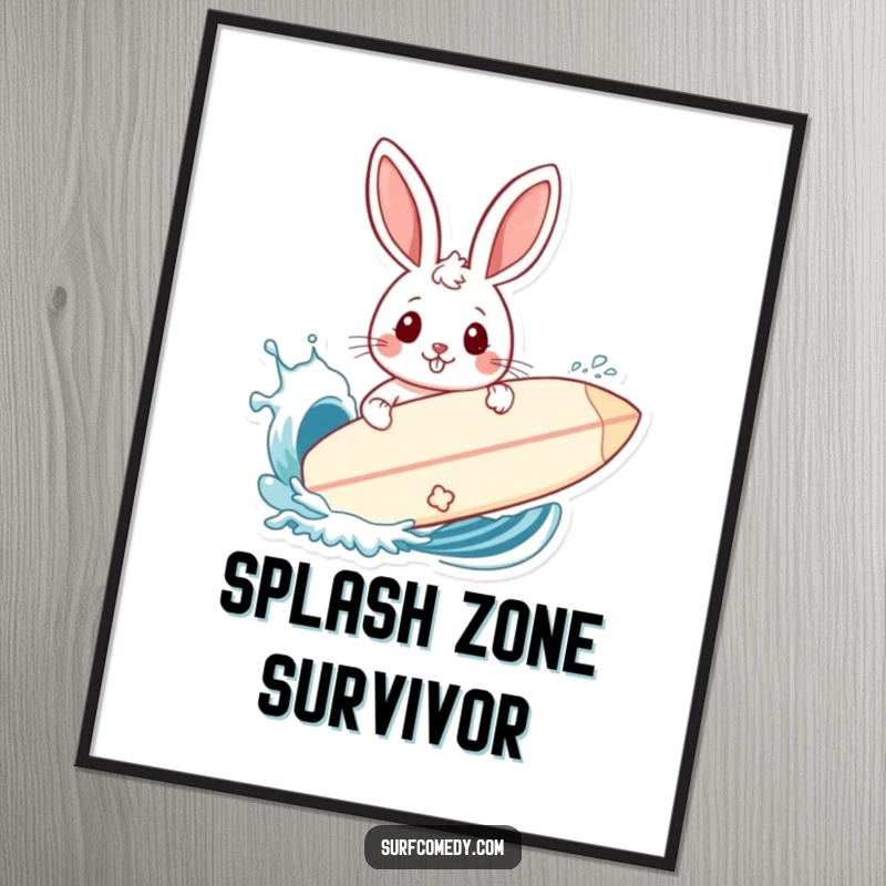 Funny poster of a rabbit protecting itself with a surfboard from a playful splash of a wave.