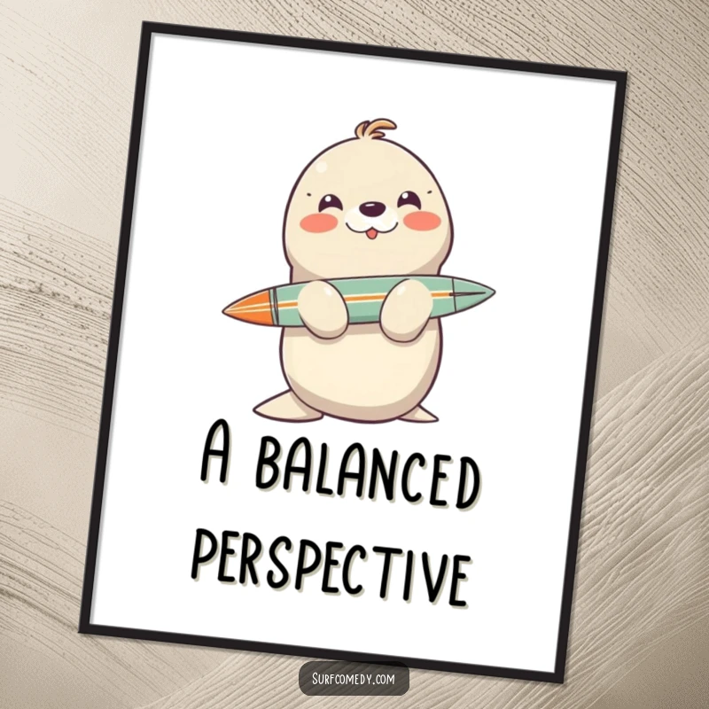 Funny smiling seal balancing a surfboard on its nose, presented as a cheerful wall art poster.