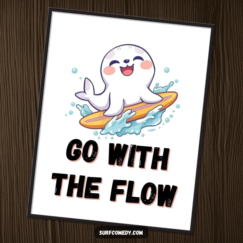 Funny laughing seal character sliding off a surfboard into a refreshing splash, vibrant and humorous beach-themed wall art.