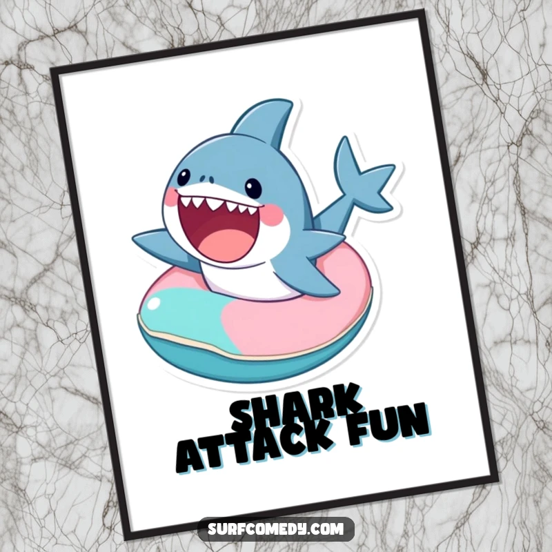 Funny cute shark character excitedly riding a tiny, colorful inner tube, presented as wall art.