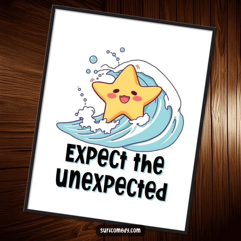 Funny poster showcasing a starfish character's comical wipeout on an ocean wave, perfect for humorous wall art.