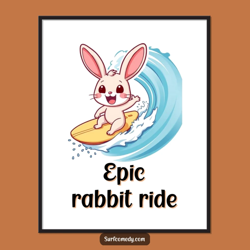 Funny Surfer Rabbit Poster: Exhilarated Bunny Riding Big Wave - Wall Art Funny Gift!