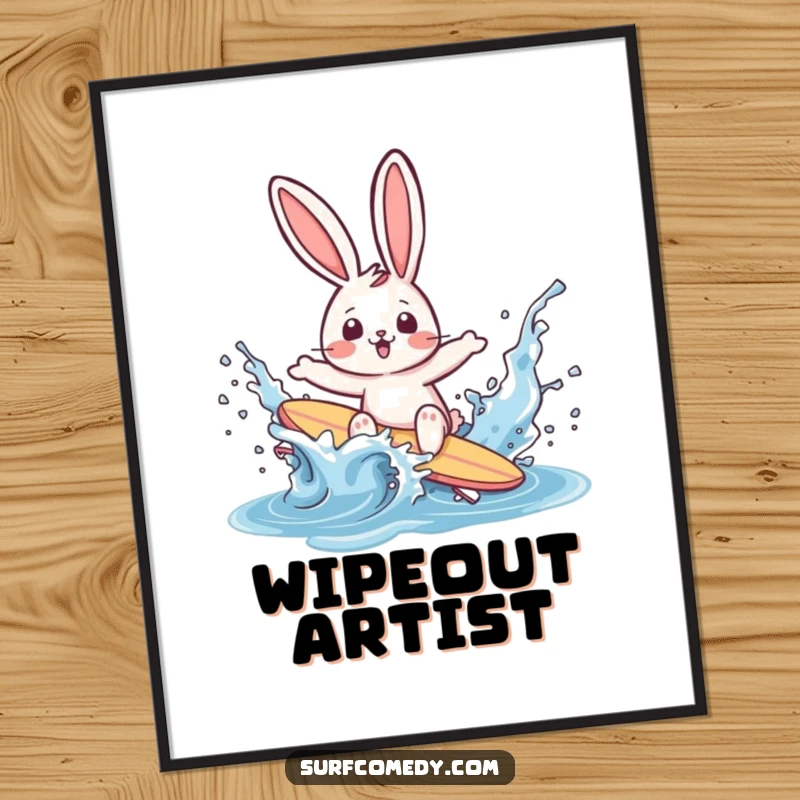 Funny rabbit surfer comically wiping out in a water splash on a poster, creating humorous and dynamic beach-themed wall art.