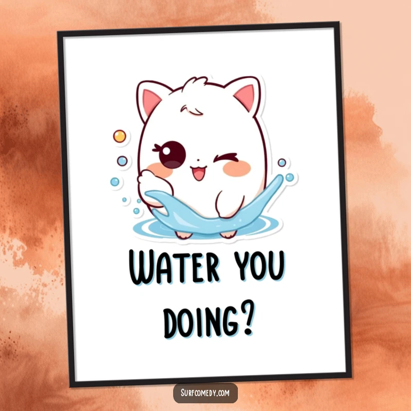 Funny poster of a playful character with a mischievous wink, splashing water, ideal for adding a touch of fun to wall decor.