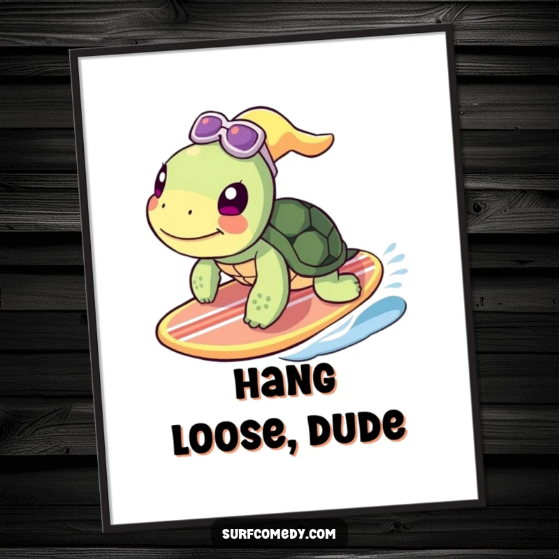 Funny turtle character expertly surfing a surfboard, painted with vibrant colors, a humorous addition to any wall decor.