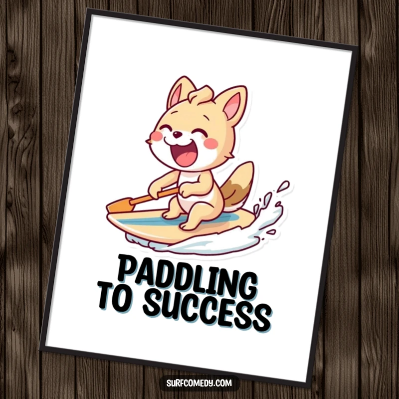 Funny poster showing an excited animal character paddling furiously with a surfboard behind it, a dynamic piece of surf art.