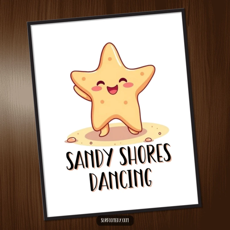 Funny poster featuring a cheerful kawaii starfish performing a lively dance on a sandy beach, perfect for wall decor.
