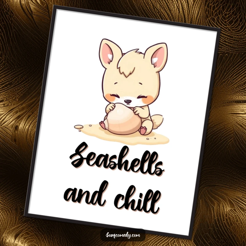 Funny poster artwork showing a cute, curious animal character engrossed in inspecting a seashell on a sunny beach.