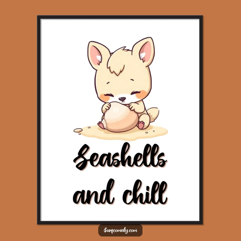 Funny Beach Discovery Poster - Art Print of Curious Animal Inspecting Seashell