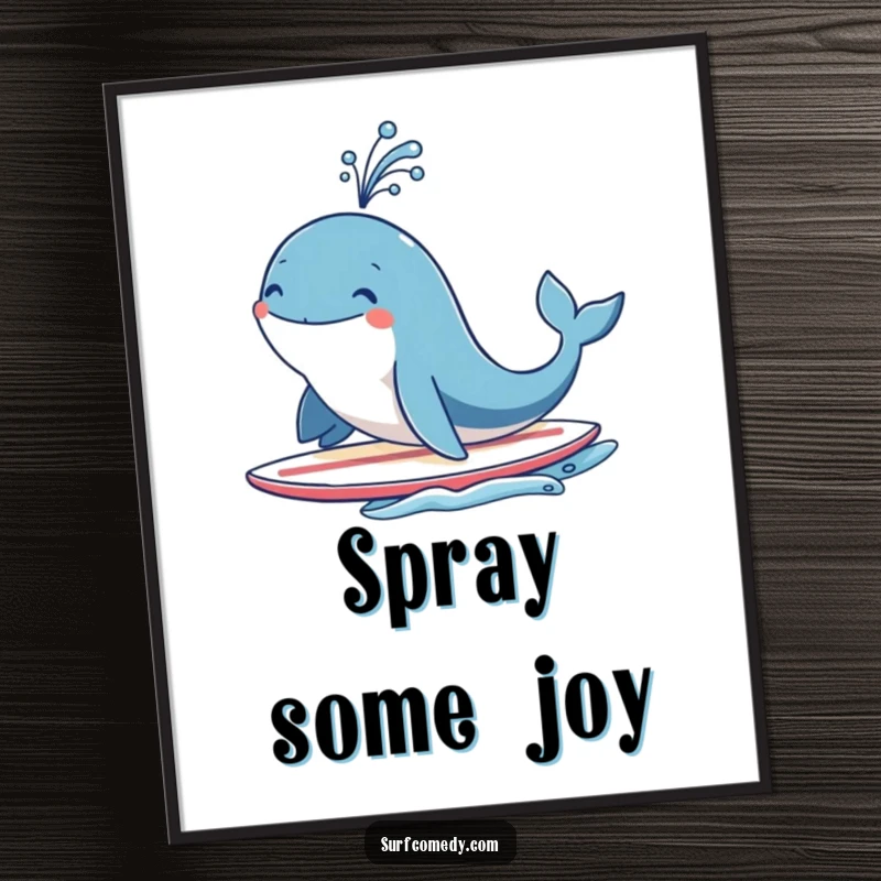 Funny smiling whale character on a surfboard, joyfully spouting water like a fountain, vibrant and humorous ocean-themed wall art.