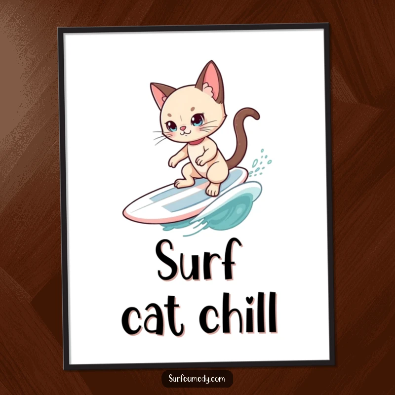 Funny Siamese Cat Surfer Poster: Features a cool Siamese cat posing stylishly on a surfboard, riding a gentle ocean swell with charm.