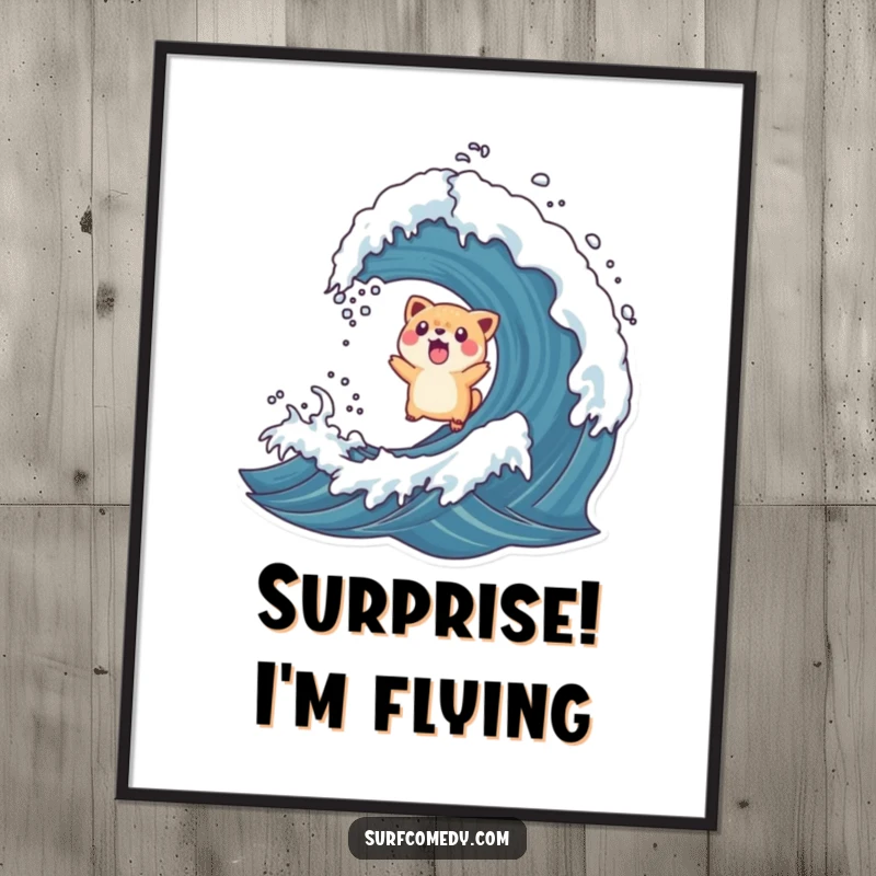 Funny poster of a surprised animal character being tossed into the air by a rogue wave, a humorous depiction of ocean power.