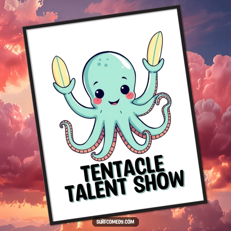 Funny happy octopus character juggling three small surfboards with its tentacles, displayed as wall art.