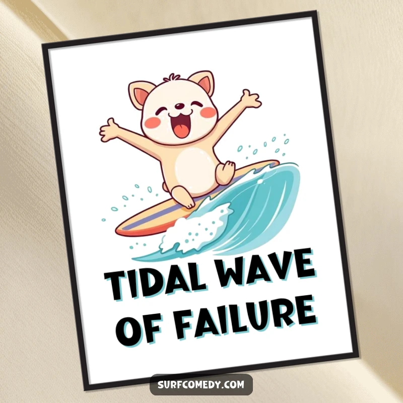 Funny poster of a flailing animal character comically wiping out on a surfboard, arms flying, a hilarious depiction of a failed surf attempt.