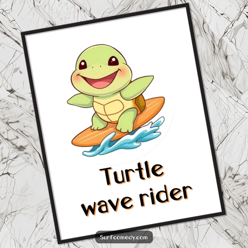 Funny cute sea turtle with a huge grin, riding a surfboard, presented as lively coastal wall art.