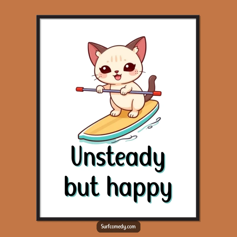 Funny Paddleboard Siamese Cat Art Print: Joyful Balance & Wall Decor