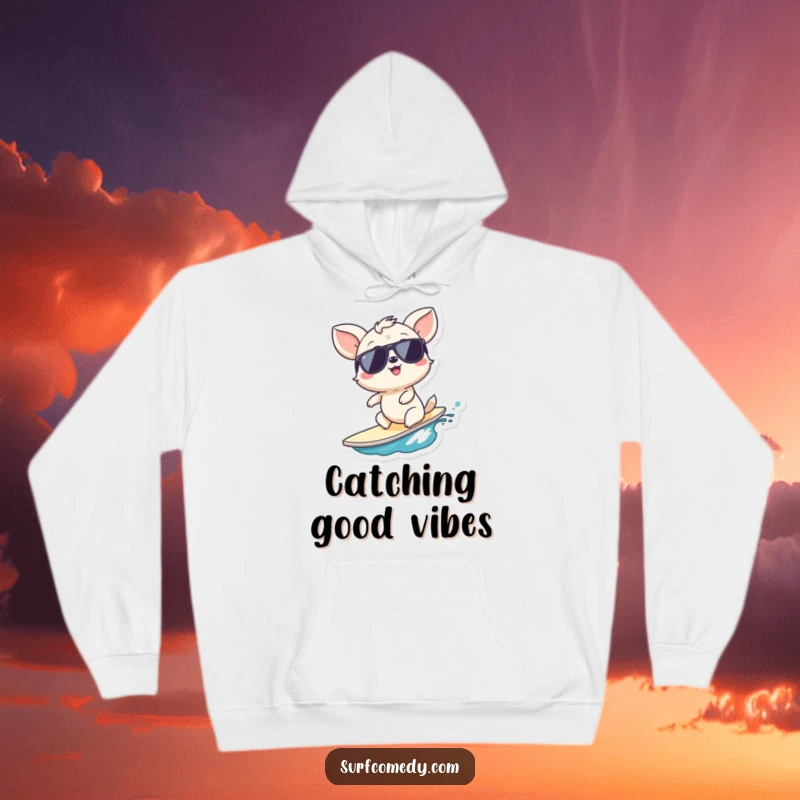 Funny chill wave animal hoodie, a comfortable hoodie featuring a giggling animal in sunglasses on a wave, a cool funny gift.